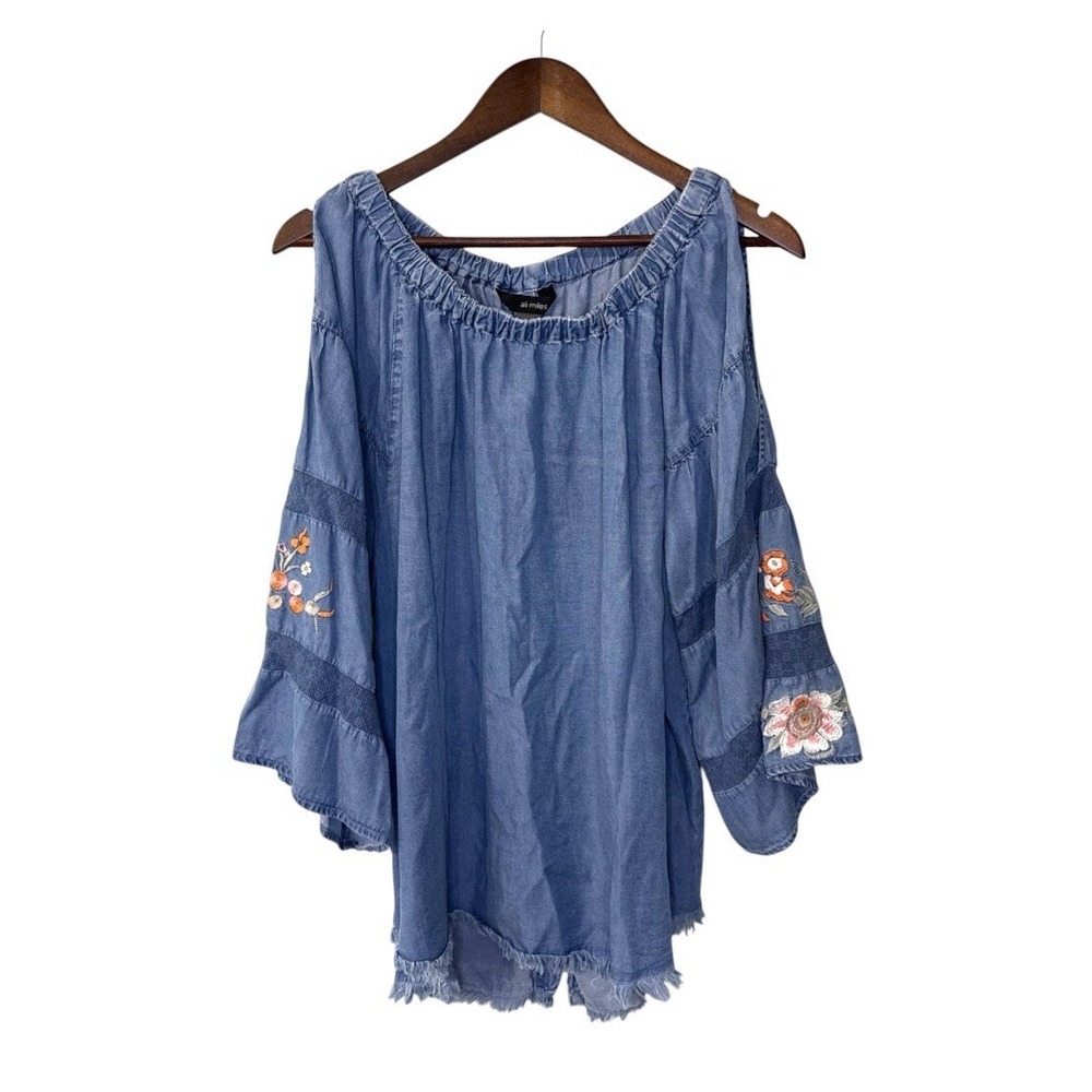 Ali Miles floral embroidered chambray blouse women's XL denim western country